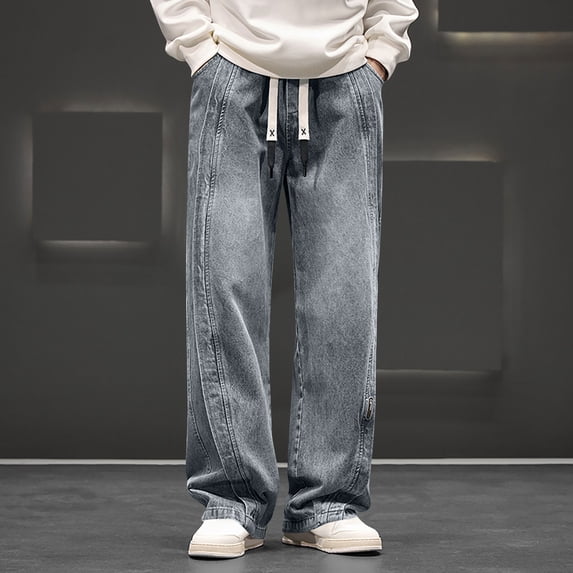 BSDJILFG Jeans for Men Classic Fit Distressed Denim Pants Stretchy Elastic Waist Wide Leg Trouser with Drawstring Pockets