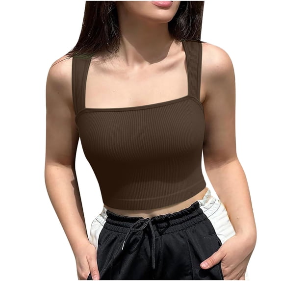 BSDJILFG Juniors Crop Tank Top Ribbed Knit Push Up Shirt Square Neck Standard Straps Sleeveless Camisole