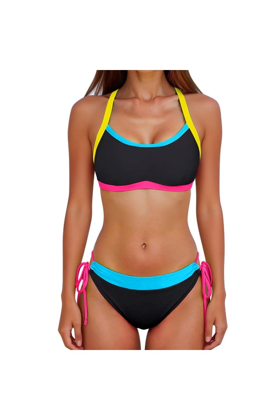 Juniors Cute Swimsuits Two Piece Breathable Swimwear Halter Push Up Color Blocked Adjustable Strap String Bathing Suits