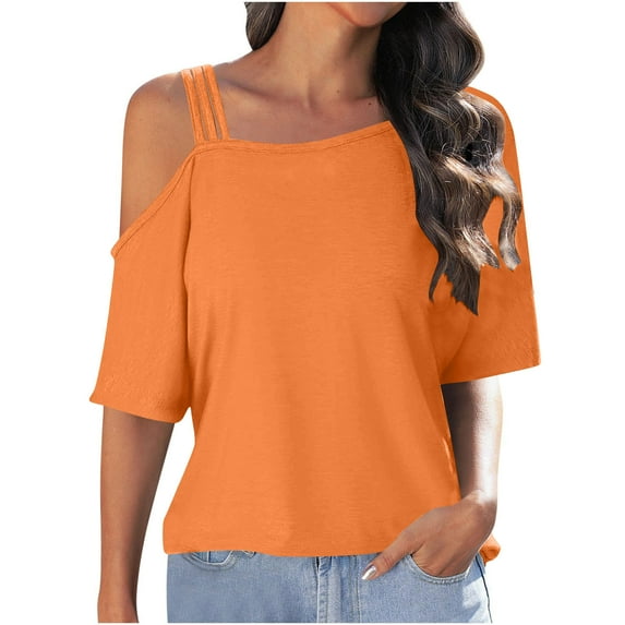 BSDJILFG Juniors Tops Off The Shoulder Y2K Cute Tee Short Sleeve Loose Summer Shirt Strappy Cold Shoulder Tops