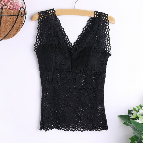 BSDJILFG Lace Camisoles for Women with Built-In-Bra No Wires Floral Soft Padded Sleeveless Tank Deep V-Neck Pullover Corset Tops