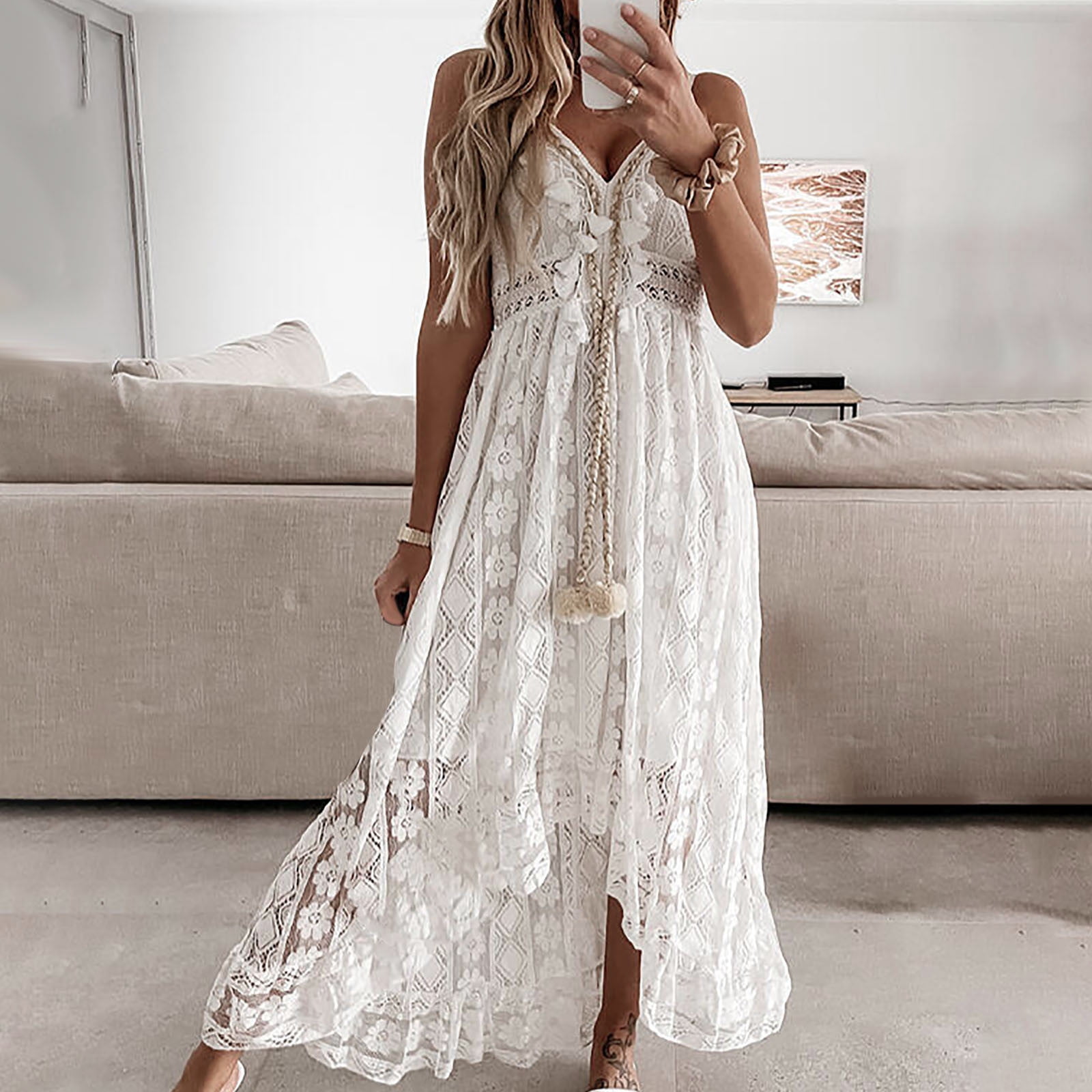 BSDJILFG Lace Dress for Women Crochet Knit Summer Boho Dress Spaghetti  Straps Bodycon Flowy Sundress - Walmart.com