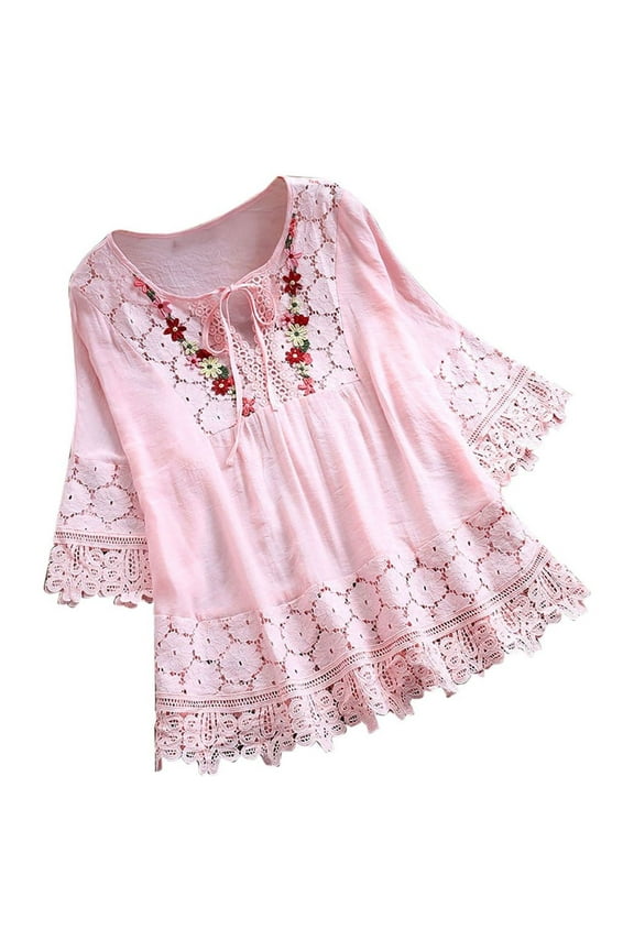 Lace Shirts for Women Plus Size 3/4 Sleeve Cotton Eyelet Top Linen Front Tie Flowy Embroidered Boho Blouses with Ruffles