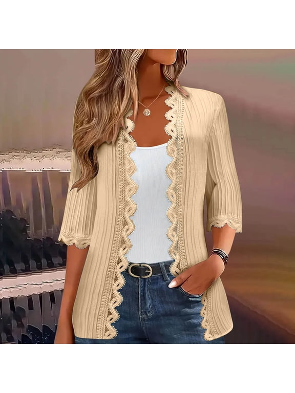 Lace Tops for Women 3/4 Sleeve Embroidered Cardigan Sun Protection Open Front Slim Fit Lace Trim Smocked Tunic Blouse