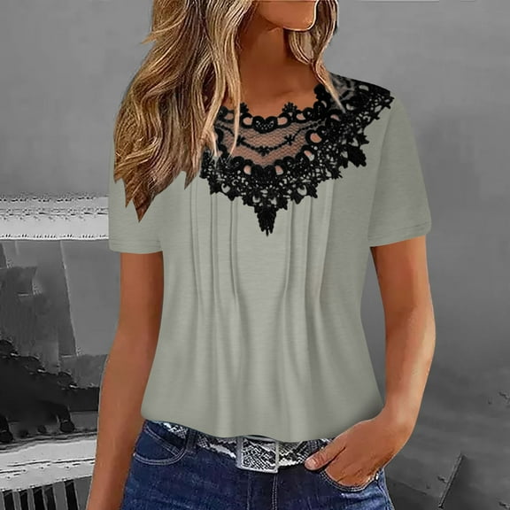 BSDJILFG Lace Tops for Women Summer Dressy Pleated Tunic Shirt Black Lace Embroidered V-Neck Loose Blouse Short Sleeve Layering Basic Tops