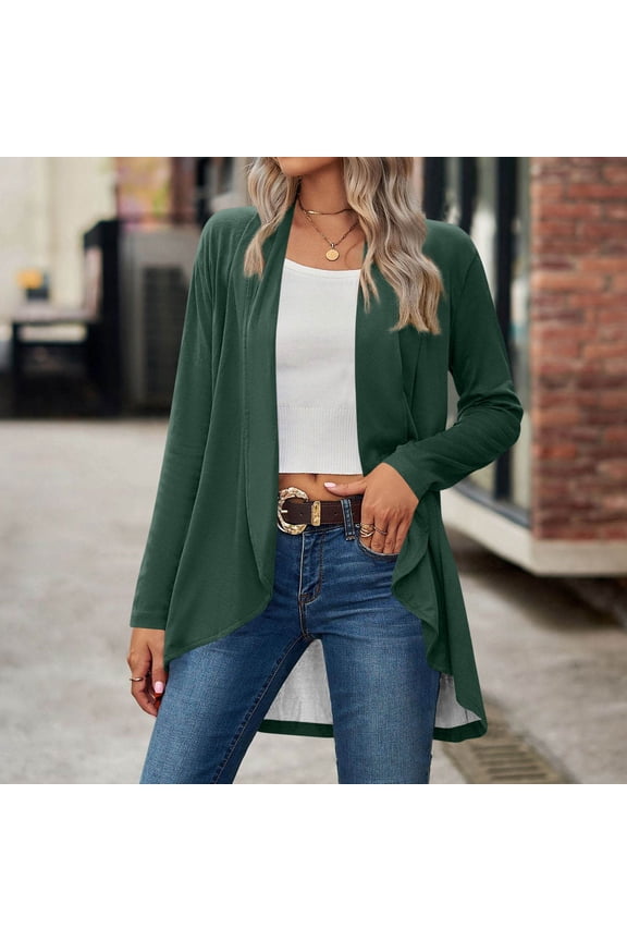 Lightweight Cardigans for Women Long Sleeve Open Front Ruffle Swing Solid Color Shrugs Lapel Collar