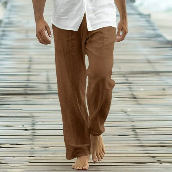 BSDJILFG Linen Pants Men Big and Tall Casual Straight Leg Drawstring Beach Pants with Pockets,Sizes S-5XL