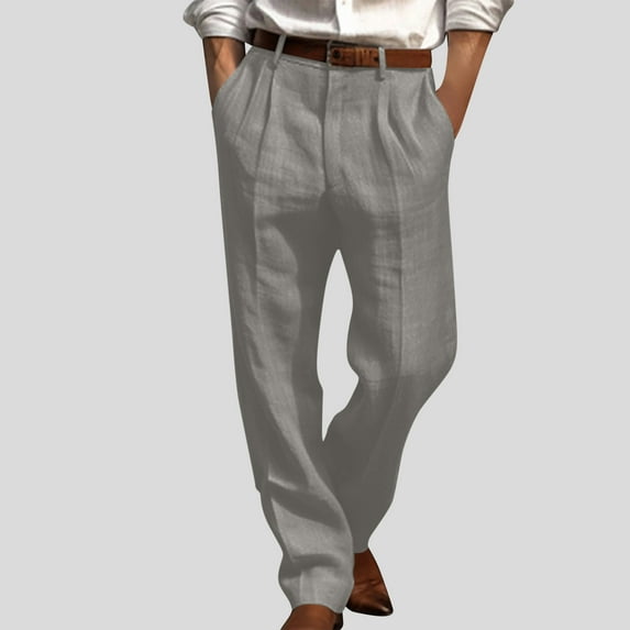 BSDJILFG Linen Pants Mens Dress Pants Casual Loose Fit Pleated Straight Leg Full Length Work Trouser with Front Pockets