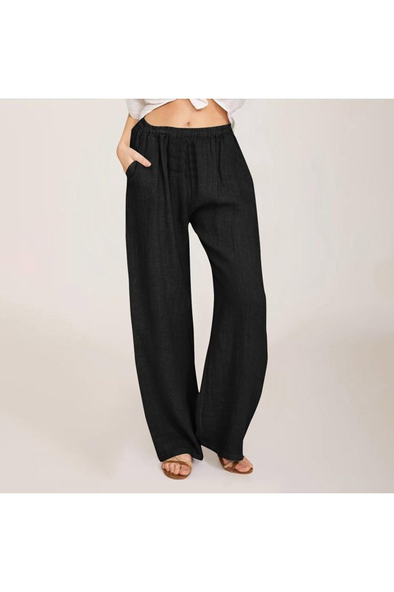 Linen Pants Women Juniors Petite Elastic Waist Full Length Straight Leg Workwear Wide Leg Loose Cotton Linen Palazzo Pants ,S-3XL