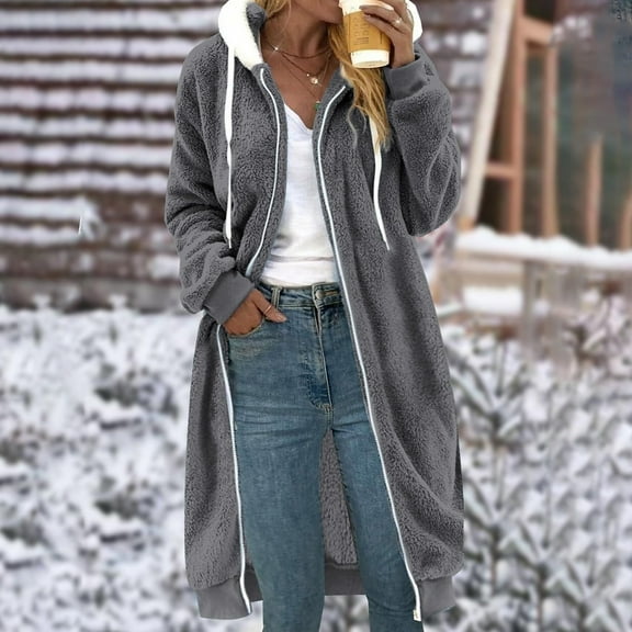 BSDJILFG Long Cardigans for Women Plus Size Fleece Jacket Fuzzy Windbreaker Sherpa Hooded Warm Winter Coats,Sizes S-5XL
