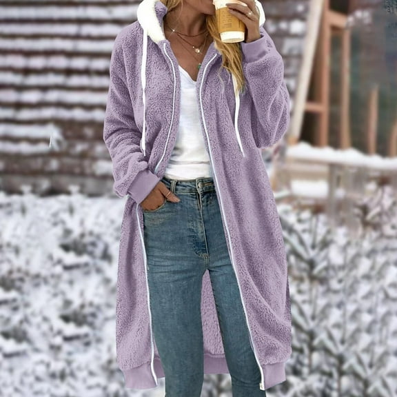 BSDJILFG Long Cardigans for Women Plus Size Fleece Jacket Fuzzy Windbreaker Sherpa Hooded Warm Winter Coats,Sizes S-5XL