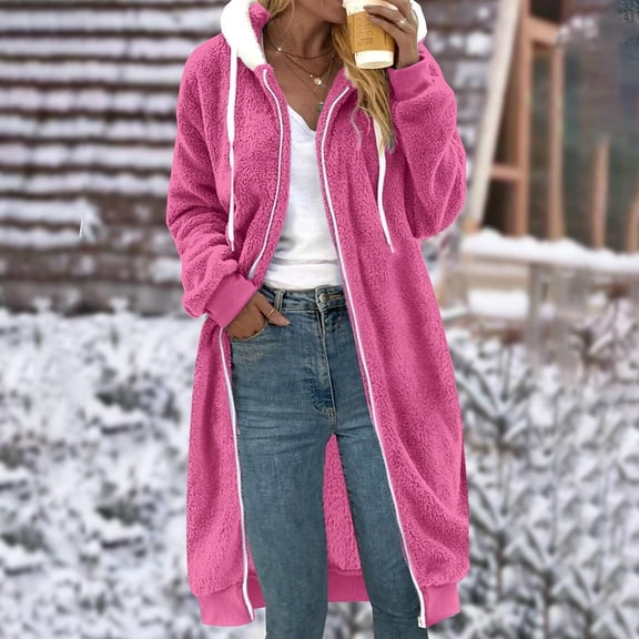 BSDJILFG Long Cardigans for Women Plus Size Fleece Jacket Fuzzy Windbreaker Sherpa Hooded Warm Winter Coats,Sizes S-5XL
