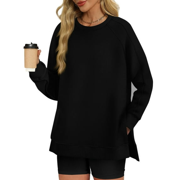 BSDJILFG Long Sleeve Raglan Sweatshirts for Women Side Split Crewneck Pullovers Loose Fit Solid Color T-Shirts