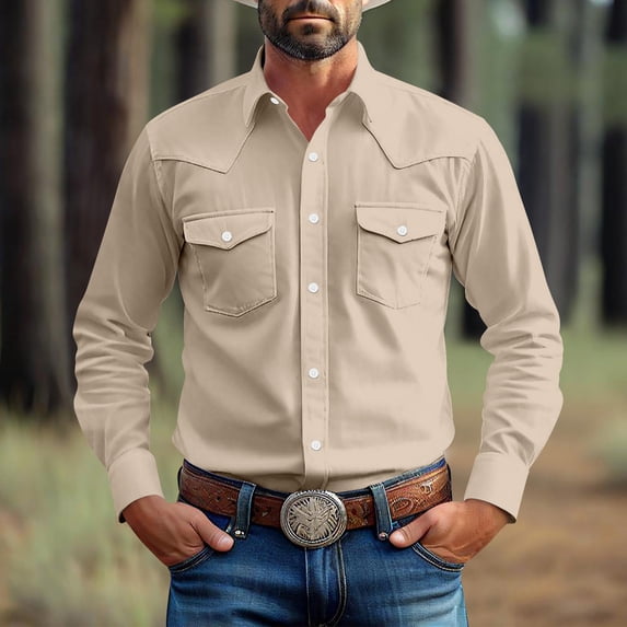 BSDJILFG Long Sleeve Shirts for Men Cotton Vintage Button Down Western Shirt Modern Fit Cowboys Outfits with Double Pockets