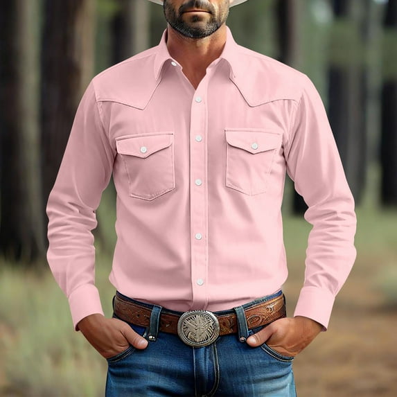 BSDJILFG Long Sleeve Shirts for Men Cotton Vintage Button Down Western Shirt Modern Fit Cowboys Outfits with Double Pockets