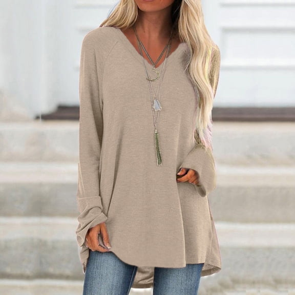 BSDJILFG Long Sleeve Shirts for Women Casual V-Neck Basic T-Shirt Loose Fit Undershirts Pullover Blouses