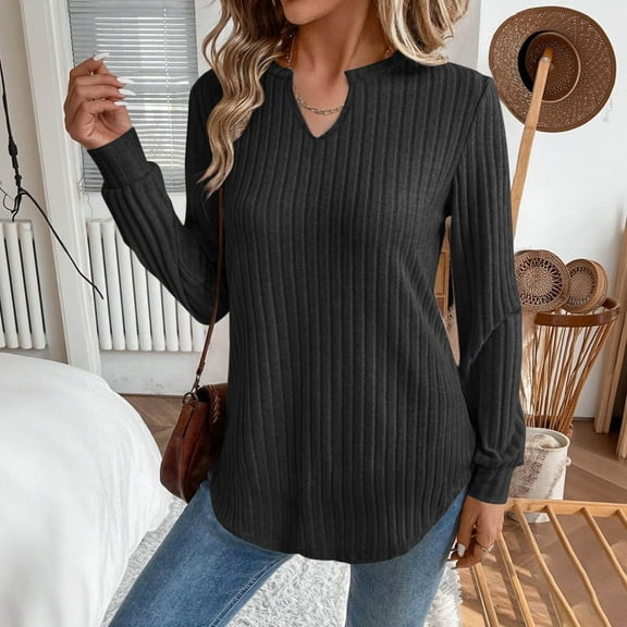 BSDJILFG Long Sleeve Shirts for Women Casual V-Neck Sweatshirt Ribbed Knit Peplum Top Loose Fit Tunic Blouse