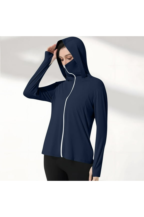 Long Sleeve Sun Jackets for Women UPF 50+ Hoodie Zipper Front Cooling Bomber Jackets with Face Finger Cover