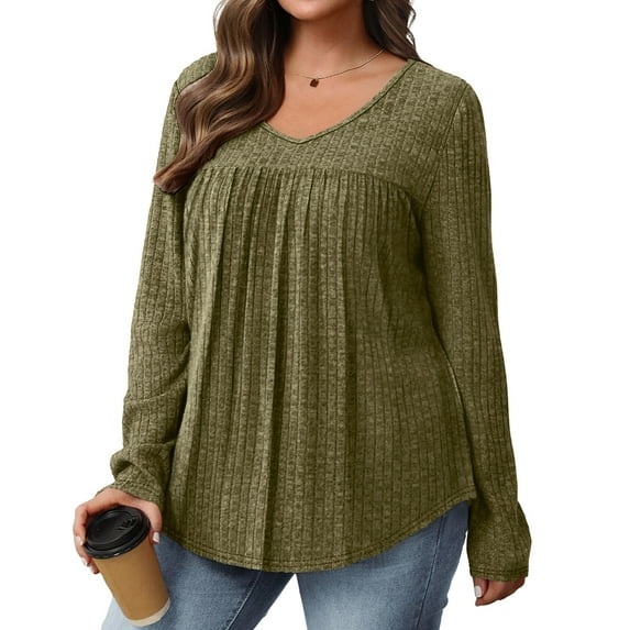 BSDJILFG Long Sleeve Sweaters for Women Plus Size Ribbed Knit Top V-Neck Loose Fit Peasant Tops Warm Cozy Tunic Pullover