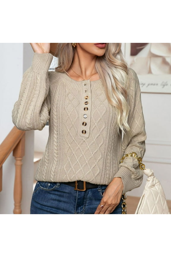 Long Sleeve Sweaters for Women with Buttons Up,Soft Cable Knit Crewneck Shirts,Fall Winter Tunic Blouse