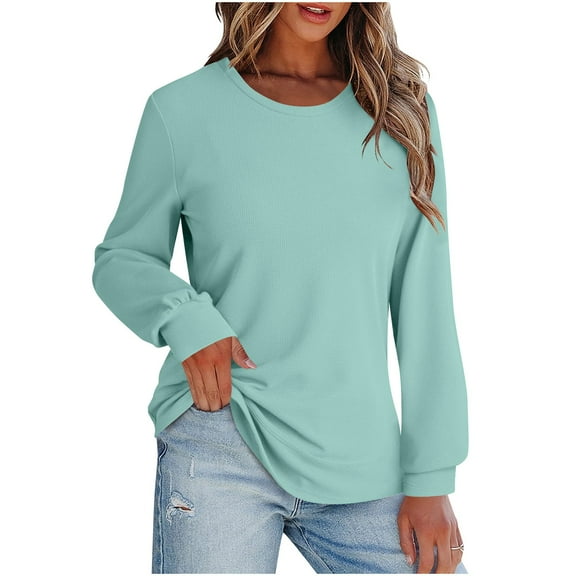 BSDJILFG Long Sleeve Sweatshirt for Women Waffle Knit Top Loose Drop Shoulder Crew Neck Pullover Blouse