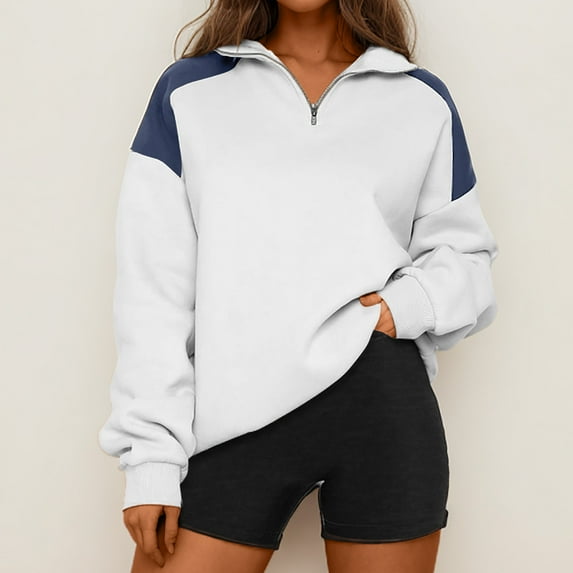 BSDJILFG Long Sleeve Sweatshirts for Women Quarter Zip Up Athletic Top Color Blocked Loose Fit Patchwork Pullovers