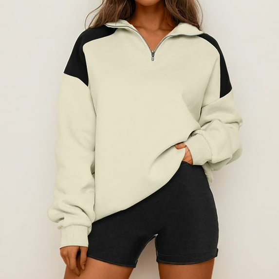 BSDJILFG Long Sleeve Sweatshirts for Women Quarter Zip Up Athletic Top Color Blocked Loose Fit Patchwork Pullovers