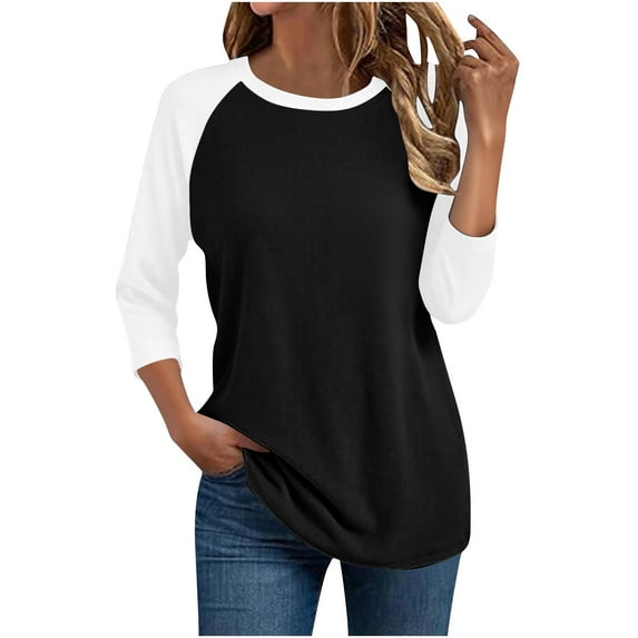 BSDJILFG Lounge Tops for Juniors Plus Size 3/4 Sleeve Cute Pajama Top Color Blocked Raglan Tees Slim Fit Crewneck Petite Sleepwear T-Shirts