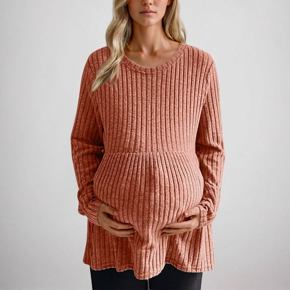 BSDJILFG Maternity Sweaters for Women Winter Textured Ribbed Knit Soft Brushed Wool Crewneck Pullover Tops