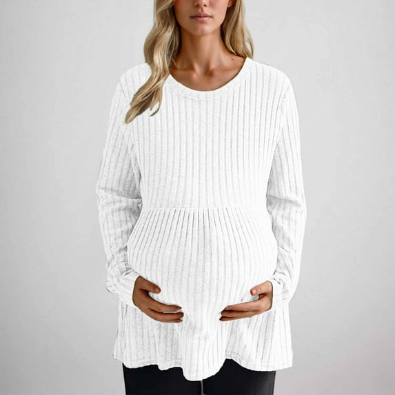 BSDJILFG Maternity Sweaters for Women Winter Textured Ribbed Knit Soft Brushed Wool Crewneck Pullover Tops