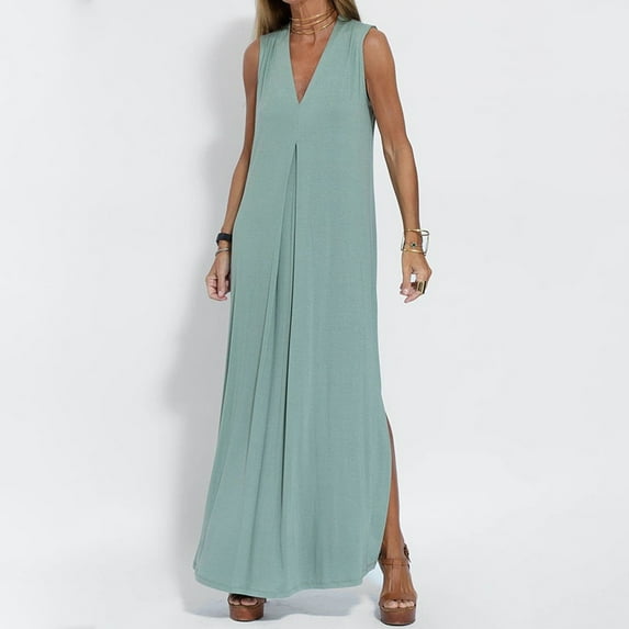 BSDJILFG Maxi Dresses for Women Plus Size Casual Solid Color V Neck Tank Flowy Loose Cami Dresses Pajama Dress for Women with Pockets Sundresses Pullover Sleepwear Sizes S-3XL