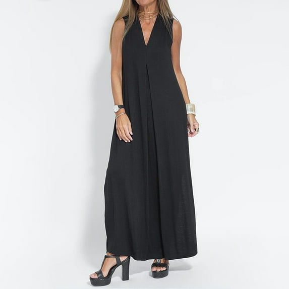 BSDJILFG Maxi Dresses for Women Plus Size Casual Solid Color V Neck Tank Flowy Loose Cami Dresses Pajama Dress for Women with Pockets Sundresses Pullover Sleepwear Sizes S-3XL