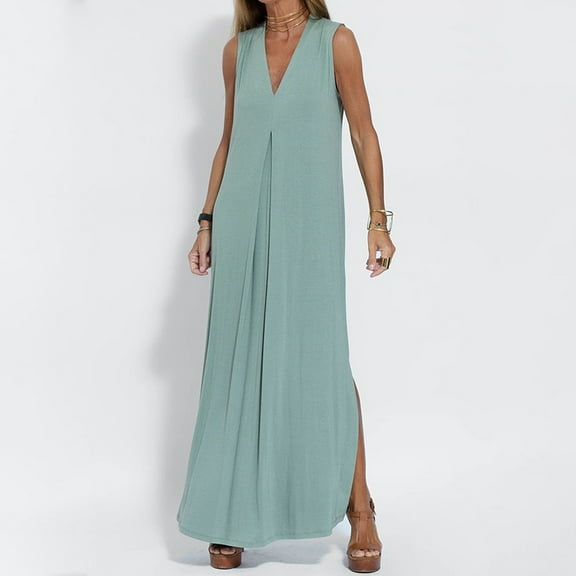 BSDJILFG Maxi Dresses for Women Plus Size Casual Solid Color V Neck Tank Flowy Loose Cami Dresses Pajama Dress for Women with Pockets Sundresses Pullover Sleepwear Sizes S-3XL