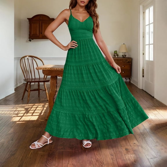 BSDJILFG Maxi Dresses for Women 2025 GraduatiDress Spaghetti Strap Smocked Tie Back Ruffle Flowy Sundress Sales