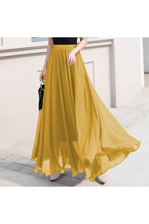 Maxi Skirts for Women Summer Boho Skirt High Elastic Ruffle Flowy Relaxation Layered Chiffon Long Skirts