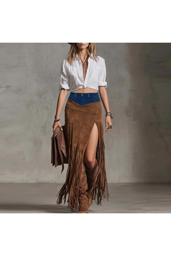 Maxi Skirts for Women Vintage Cowgirl Fringe Skirts High Waisted Patchwork High Slit Long Length Western Skirts