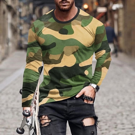BSDJILFG Men Casual T-Shirt Loose Fit Long Sleeve Camo Shirts Round Neck Pullover Workout Tees Christmas Clothes,S-5XL