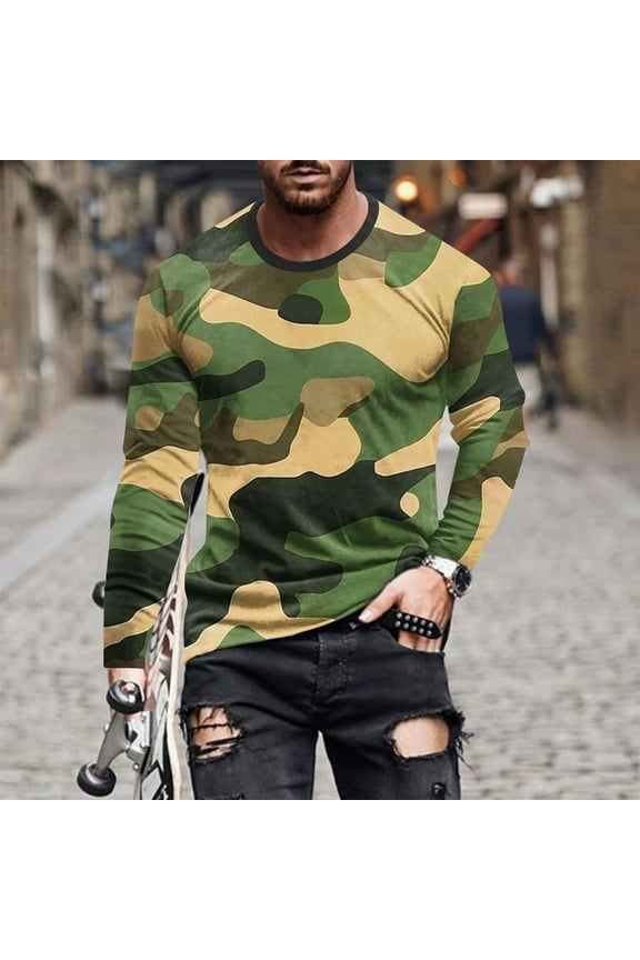 Men Casual T-Shirt Loose Fit Long Sleeve Camo Shirts Round Neck Pullover Workout Tees Christmas Clothes,S-5XL
