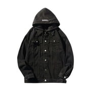 BSDJILFG Men Jean Jackets Sales, Big and Tall Retro Motorcycle Cardigans Long Sleeve Hooded Denim Jacket ButtDown Winter Coats New Fall Style,L-5XL