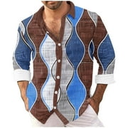 BSDJILFG Men's Graphic Shirt Big and Tall Vintage Wave Printed Linen Shirts Button Down Lapel Long Sleeve Shirt Christmas Gifts,S-6XL