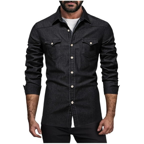 BSDJILFG Men's Jean Jacket Tailored Fit Denim Shirt Classic Fit Stretchy Long Sleeve Buttoned Pockets Versatile Denim Tops