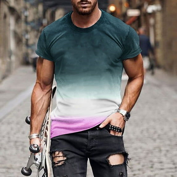 BSDJILFG Men's Shirts Summer Big&Tall Gradient Color Graphic Tees Short Sleeve Round Neck Shirts Athletic Lounge Leisure Work Blouse M-5XL