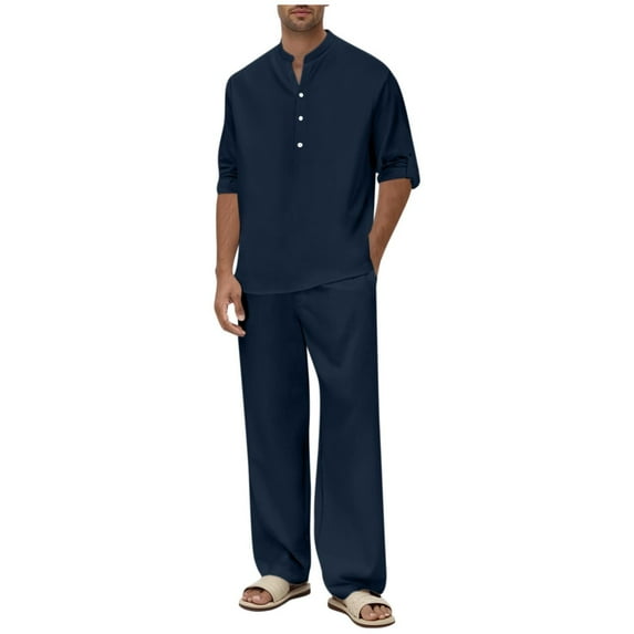 BSDJILFG Mens 2 Pieces Cotton Linen Sets Long Sleeve Casual Henley Shirt Wide Leg Pants for Lounge Vacation Outfits Set