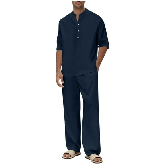 BSDJILFG Mens 2 Pieces Cotton Linen Sets Long Sleeve Casual Henley Shirt Wide Leg Pants for Lounge Vacation Outfits Set