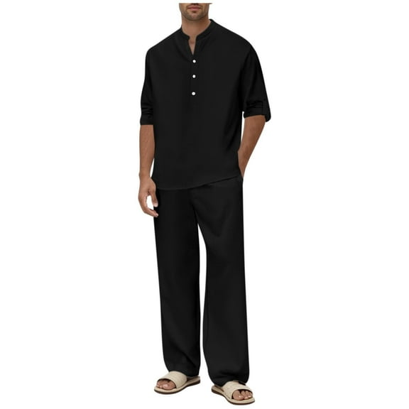 BSDJILFG Mens 2 Pieces Cotton Linen Sets Long Sleeve Casual Henley Shirt Wide Leg Pants for Lounge Vacation Outfits Set