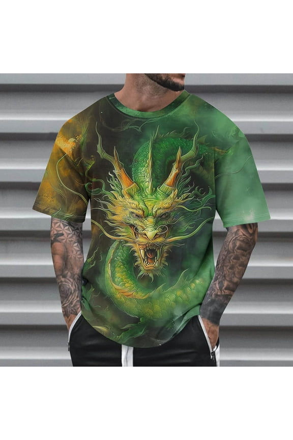 Mens Big and Tall T-Shirts Summer Casual Trendy Dragon Print Short Sleeve Round Neck Basic Tee Shirts Blouse Loungewear Sleepwear Streetwear S-6XL