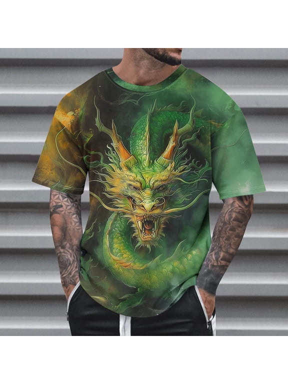 Mens Big and Tall T-Shirts Summer Casual Trendy Dragon Print Short Sleeve Round Neck Basic Tee Shirts Blouse Loungewear Sleepwear Streetwear S-6XL