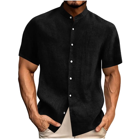 BSDJILFG Mens Button Down Shirts Cotton Linen Tops Casual Mock Neck Stand Collar Slim Fit Beach Holiday Shirts
