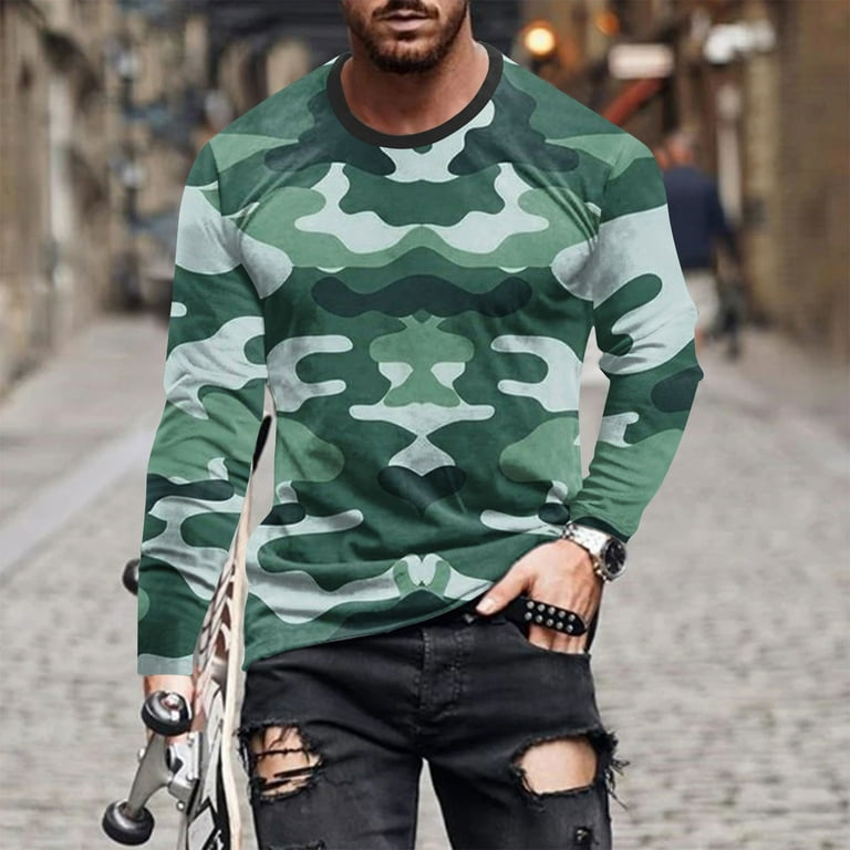 BSDJILFG Mens Camo Shirts Long Sleeve Graphic Tees Round Neck Pullover Shirt Workout Tops Activewear Winter Clearance Fall Clearance S 5XL