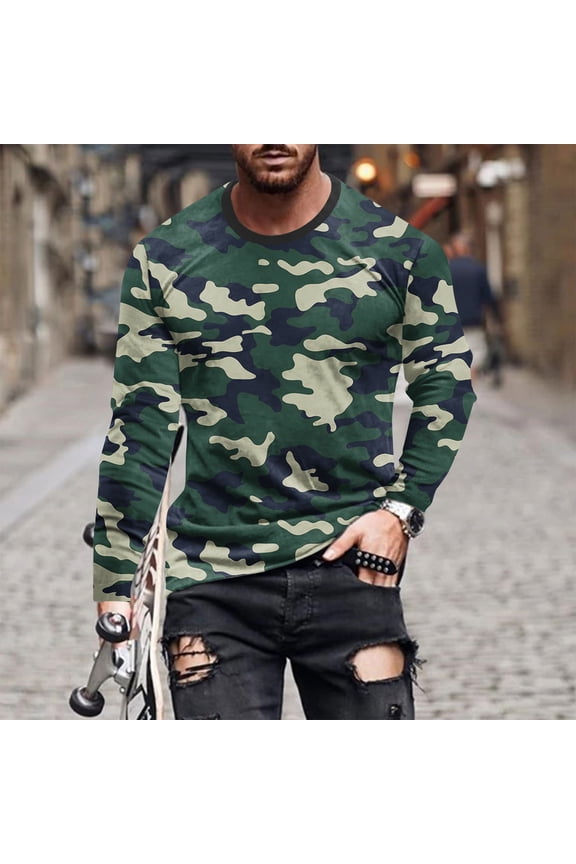 Mens Camo Shirts Long Sleeve Graphic Tees Round Neck Pullover Shirt Workout Tops Activewear Winter,S-5XL